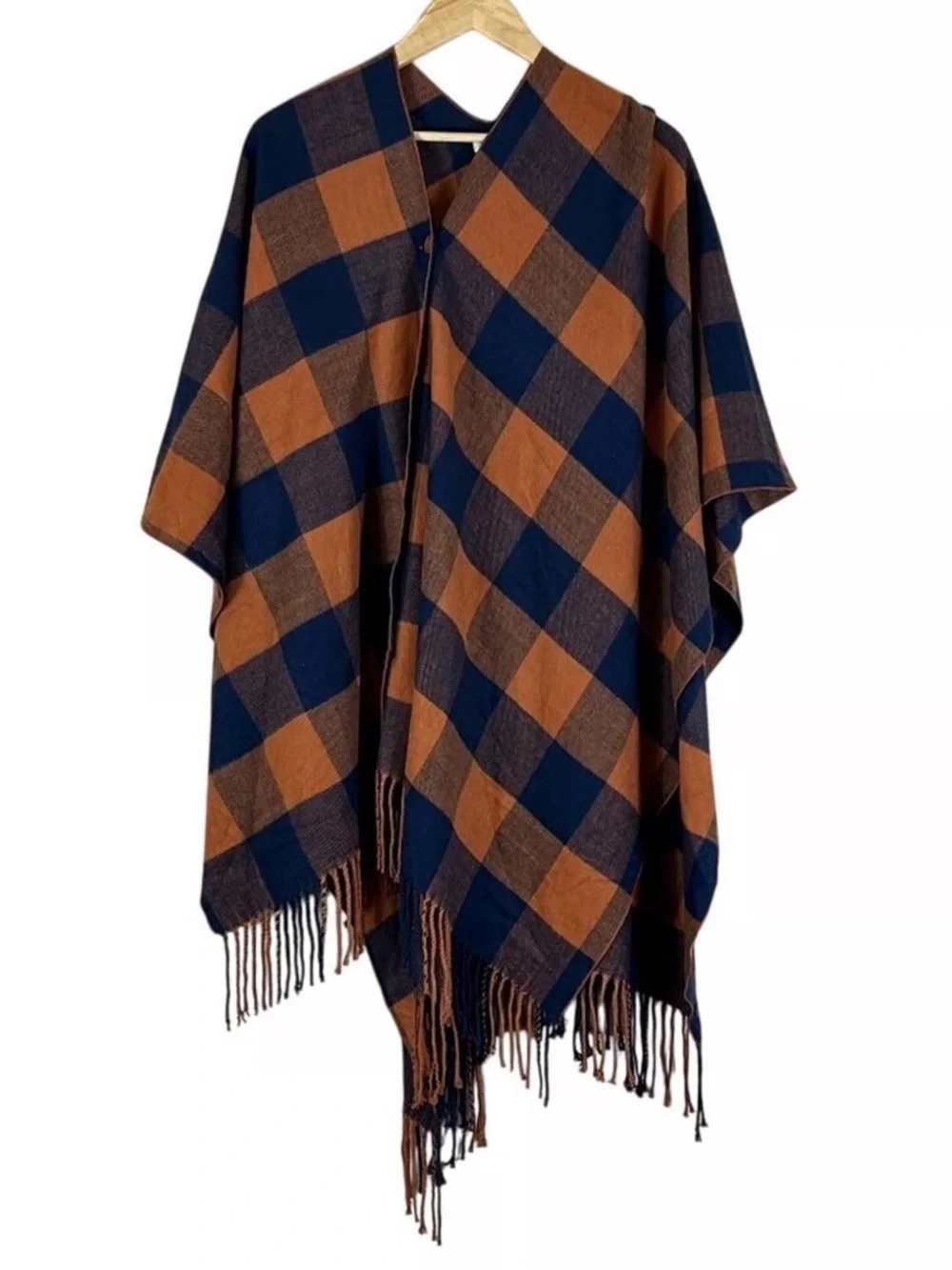 Matilda Jane Warm Sunset Poncho One Size Navy Orange Buffalo Plaid Fringe